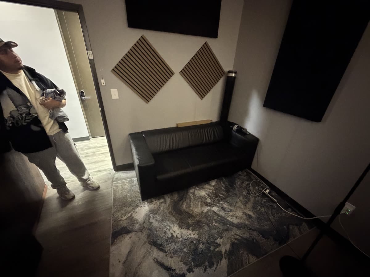 Lounge area inside the AMPED UP AUDIO studio